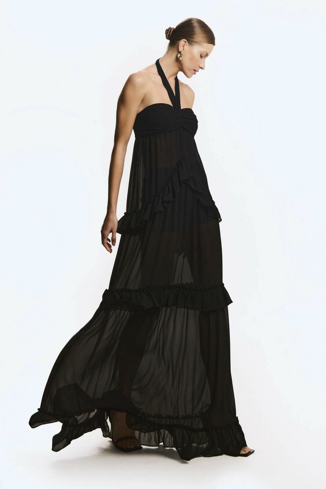 Imagem de Vestido longo Com Babados Amarração Pescoço Preto Zen